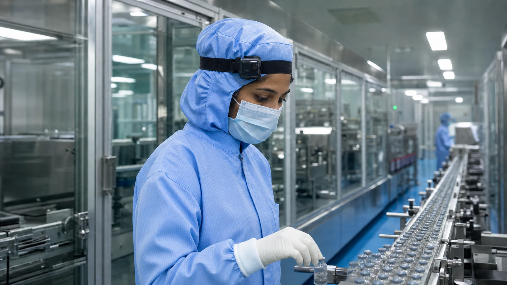 Indian woman pharmaceutical operator wearing a sterile head-mounted capture camera while inspecting an injectable vial production line
