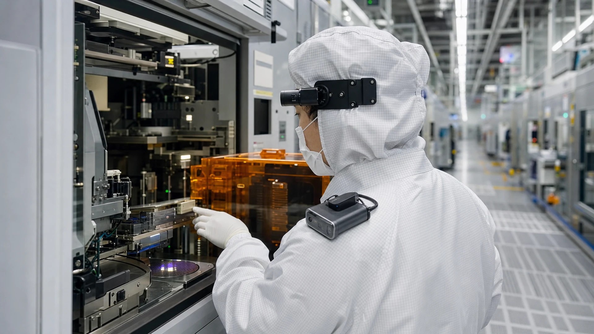 Taiwanese man semiconductor technician wearing a cleanroom-compatible head-mounted capture camera while inspecting wafer fabrication equipment
