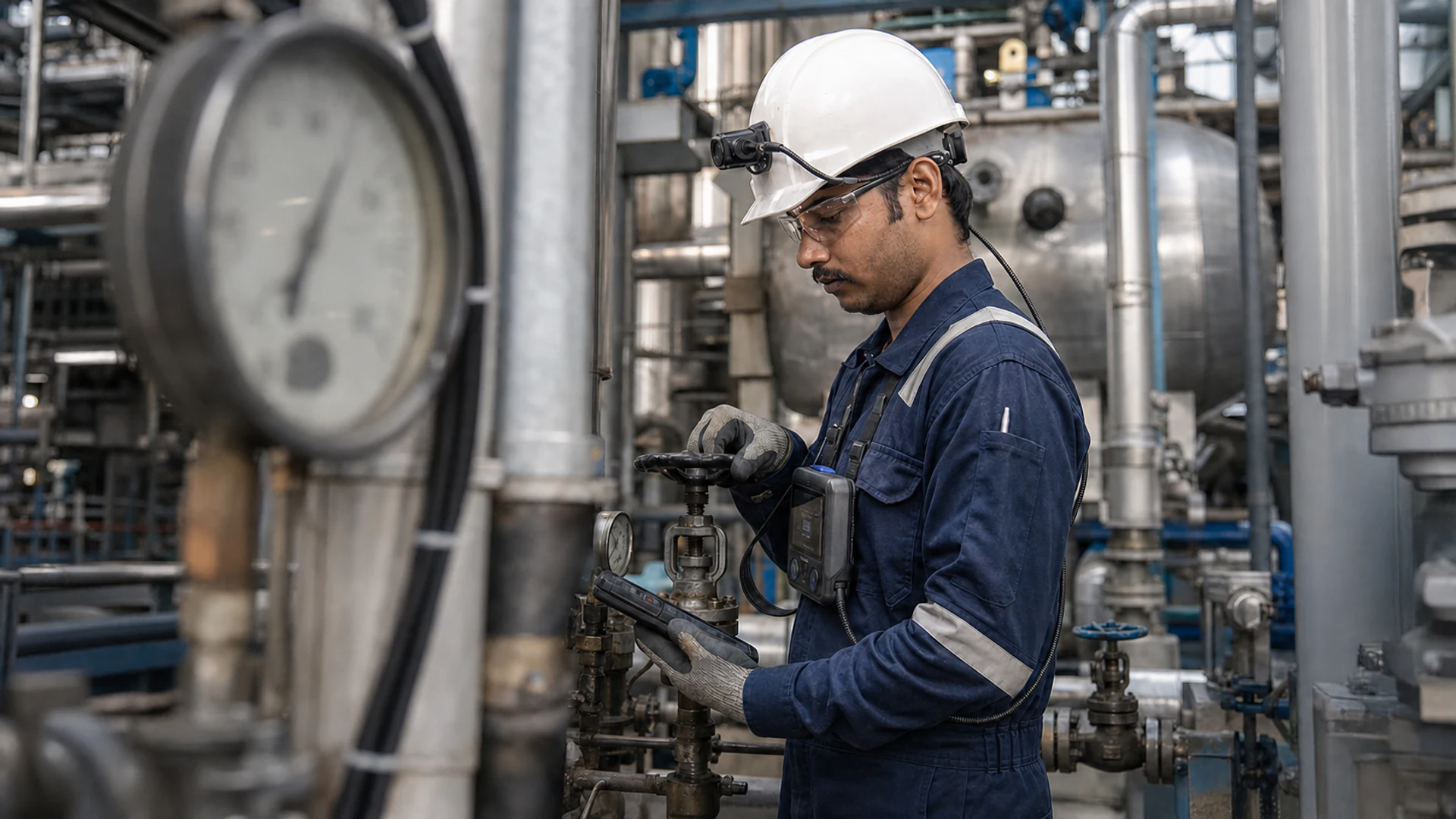 Indian man chemical process operator wearing a hard-hat-mounted capture camera while checking controls beside stainless-steel process vessels