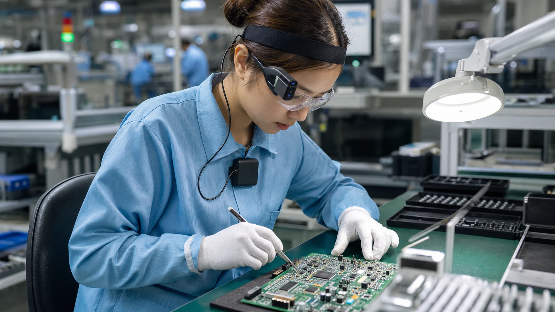Vietnamese woman electronics technician wearing an ESD-safe head-mounted capture camera while inspecting a precision circuit-board assembly line