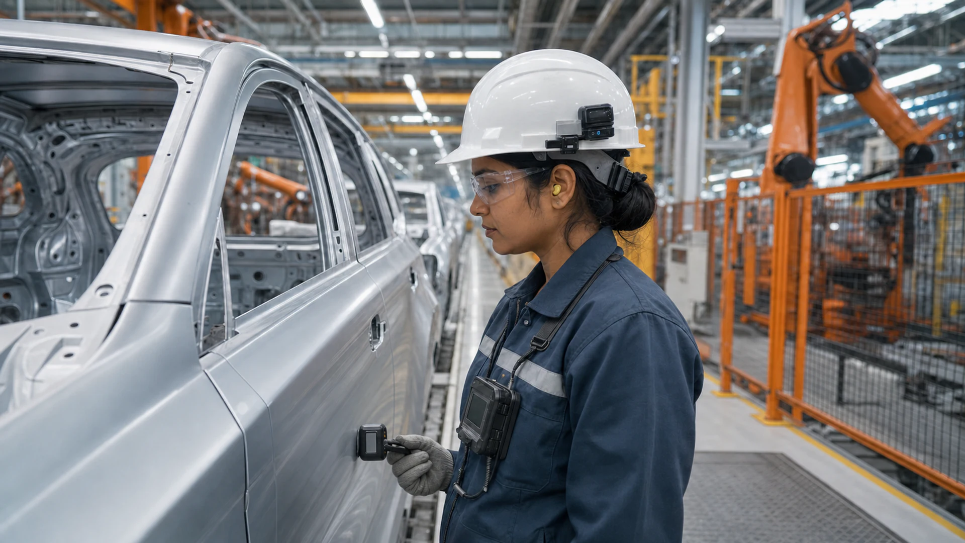 Indian woman automotive technician wearing a helmet-mounted capture camera while inspecting a body-in-white vehicle on an automated assembly line