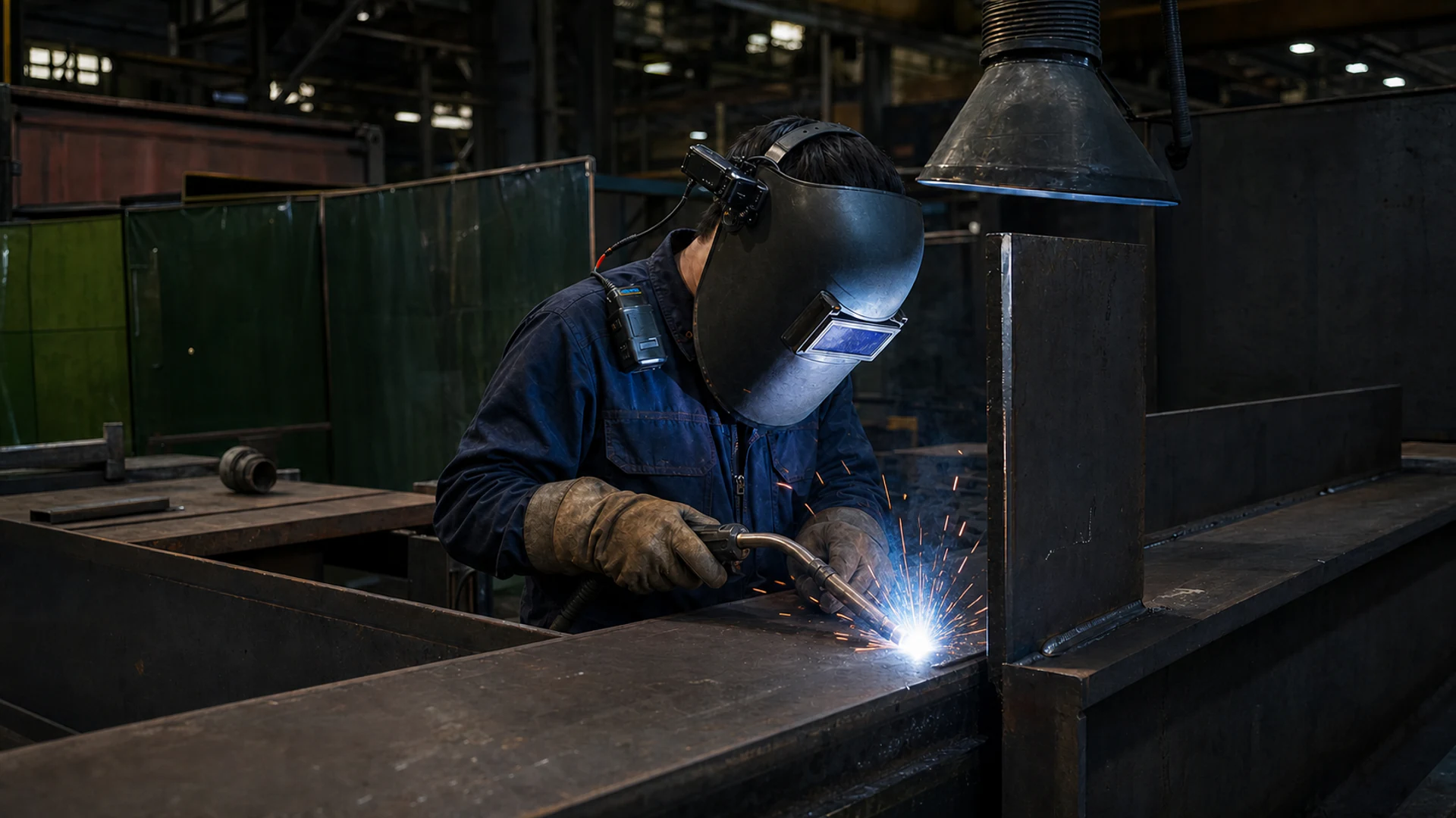 Korean man industrial fabricator welding structural steel with a compact capture camera mounted safely on the welding helmet